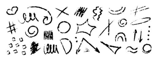 Chalk hand drawn arrow, marker lines, underlines, crayon brush scribbles, grunge texture, doodle sketch elements. vector