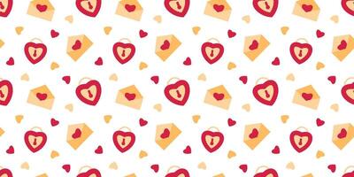 Seamless Valentine's Day Pattern with lock and envelope, hearts in flat style. Minimalist holiday endless red yellow design for wrapping paper, print, cover. vector