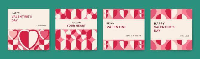 Happy Valentines Day geometric square Card, 14 February. Trendy simple shapes. Template for social media posts, banners, posters, cover. Be my Valentine follow your heart typography in red pink color vector