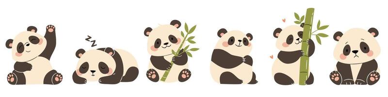 A set of flat illustrations in a simple children's style. Cute pandas in different poses. Sleeping, with bamboo, funny and sad on a white background vector