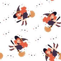 Seamless patter in a simple childish style. Cute witch flying on a broom, stars vector
