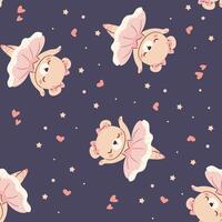 Seamless pattern in a simple childish style. Cute bear in ballerina costume dancing on dark background vector
