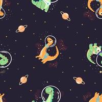 Seamless pattern on dark background. Cute dinosaurs flying in space, print for printing on children's products vector