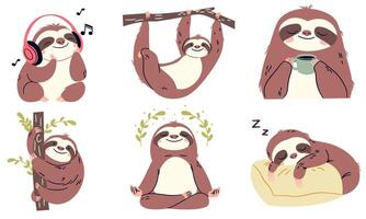Set of flat illustrations in children's style on white background. Cute sloths in different poses, listening to music, meditating and more vector