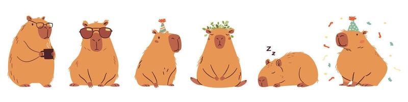 A set of flat illustrations in a simple children's style. Cute capybaras in different poses, meditates, wearing sunglasses, office worker and others vector