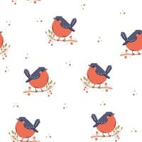Seamless patter in a simple childish style. Cute bird sitting on a branch, bullfinch vector
