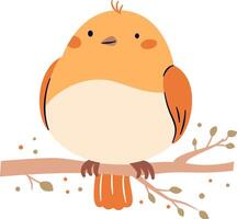 A cute bird on a white background sits on a branch. Flat illustration in simple child style vector