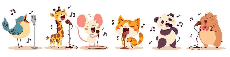 Cute singing animals. Bird kitten hamster panda giraffe mouse singers sing into the microphone. Set of flat illustrations in simple children's style, white background vector