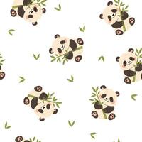 Seamless pattern in a simple childish style. Cute panda holding bamboo branch on white background vector
