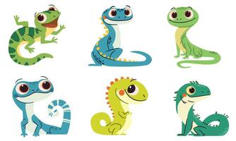 Set of flat illustrations in simple child style on white background. Cute lizards with big eyes vector