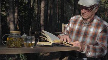An elderly man sits at a wooden table, savoring a cup of tea while engrossed in a book. The tranquil forest surroundings provide a serene backdrop for his relaxing afternoon. video