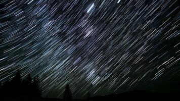 In a peaceful forest, stars create stunning trails across the night sky, showcasing the beauty of the universe. This celestial dance invites awe and wonder in a calm setting. video