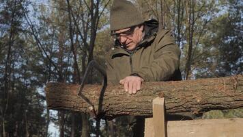 An elderly man in warm clothing meticulously works with a log, preparing it for use, in a peaceful forest setting surrounded by tall trees and natural light. video