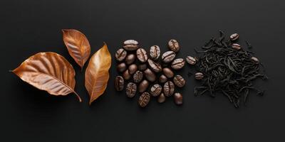 Coffee beans and dried leaves arranged artistically on a dark surface, showcasing natural textures and colors photo