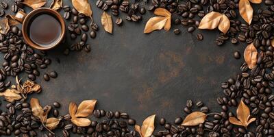 Coffee beans and dried leaves create a cozy autumn atmosphere on a dark surface with a cup of brewed coffee photo