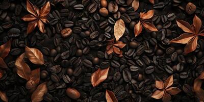 Coffee beans and dried leaves create a rich autumn-inspired pattern on a dark surface in a cozy setting photo