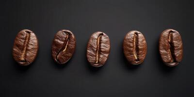 Dark roasted coffee beans arranged on a flat black surface showcasing their rich texture and color photo