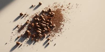 Coffee beans and grounds scattered on a surface in warm light during the morning hours photo