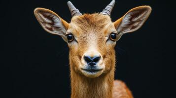 Portrait of a goat with small twisted horns, calm gaze photo