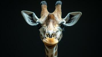 Front view of a giraffe with detailed face features. photo