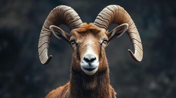 Head-on close-up of a ram with impressive curled horns photo
