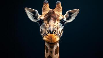 Giraffe facing directly with dark background studio photo