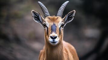 Portrait of a wild goat with striking spiral horns photo