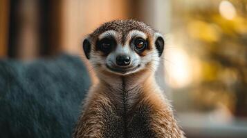 Smiling meerkat against soft, blurred background. photo
