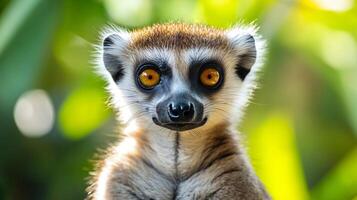 Lemur with bright eyes front view green background photo