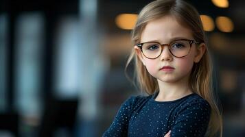 Little girl with glasses casting an intense frown. photo