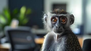 Cute monkey with curious expression in office scene. photo