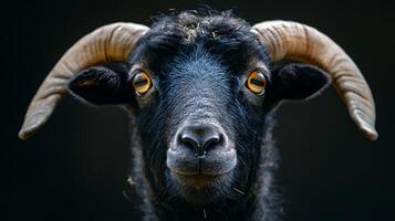 Portrait of a black goat with distinct horns visible photo