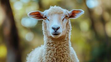 Portrait of a sheep with blurred natural background photo