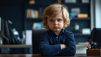 Angry boy with crossed arms in moody indoor setting. photo