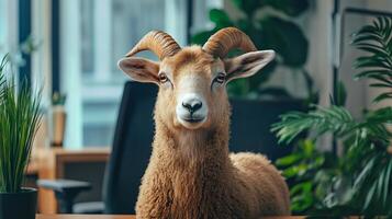 Adorable sheep with horns in a modern office setting photo