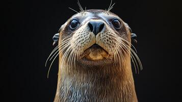 Portrait of a curious otter in a dark background view photo