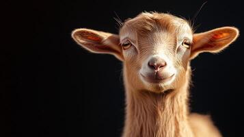 Charming goat with soft fur in dark environment photo