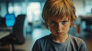 Blonde boy with serious look captured in soft lighting photo