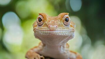 Smiling gecko with distinct patterns on its skin. photo