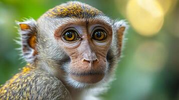 Monkeys sitting with contemplative expressions in jungle photo
