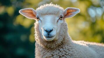 Content sheep with gentle expression in sunlit meadow photo