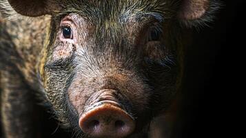 Close-up view of a pig's expressive facial features photo