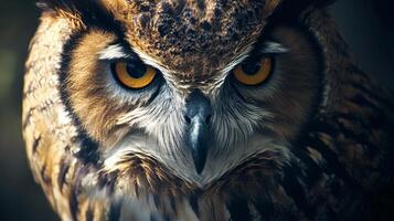 An imposing owl with piercing eyes and intricate feathers photo