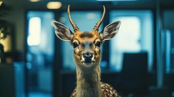 Stag in an office setting with blurred blue backdrop photo