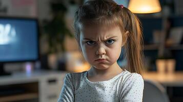 Grumpy child with folded arms in a cozy setting. photo