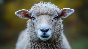 Close-up image of an adorable fluffy sheep staring photo