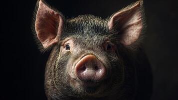Content pig portrait with distinctive pink snout. photo