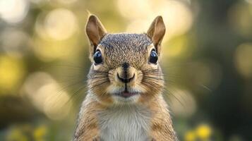 Cute Squirrel in Forest with Light Bokeh Background photo