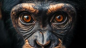Close-up of chimpanzee with intense expressive gaze. photo