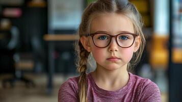 Serious girl with glasses in casual attire, focused gaze. photo